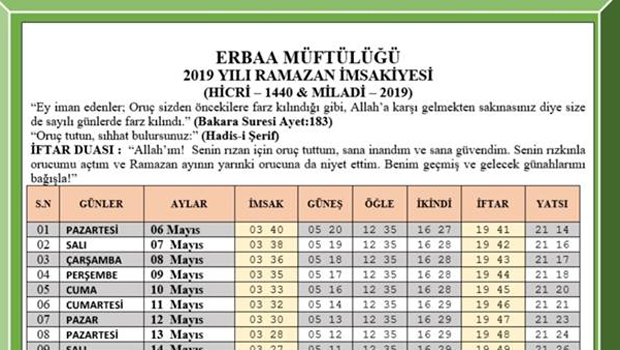 ERBAA RAMAZAN İMSAKİYESİ 2019