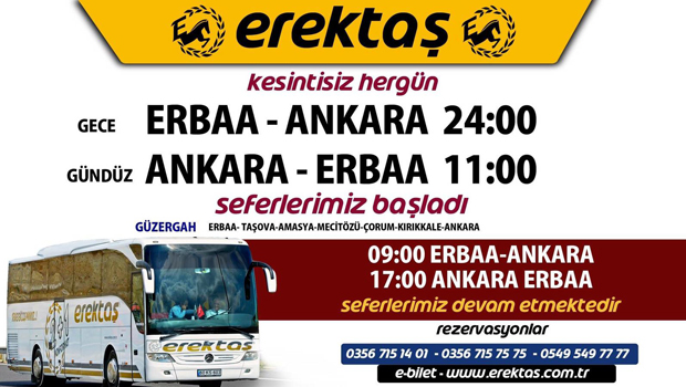 EREKTAŞ TURİZM KESİNTİSİZ ANKARA SEFERLERİYLE HİZMETİNİZDE