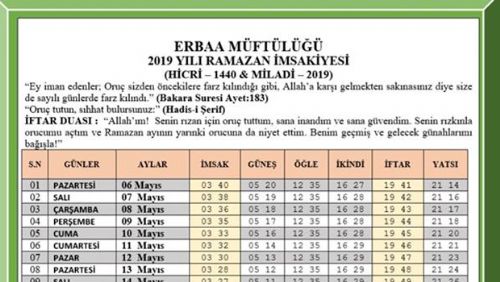 ERBAA RAMAZAN İMSAKİYESİ 2019