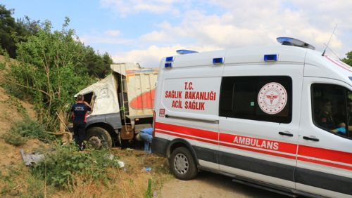 Freni boşalan kamyon yol kenarındaki ağaçlara çarparak durabildi: 2 yaralı